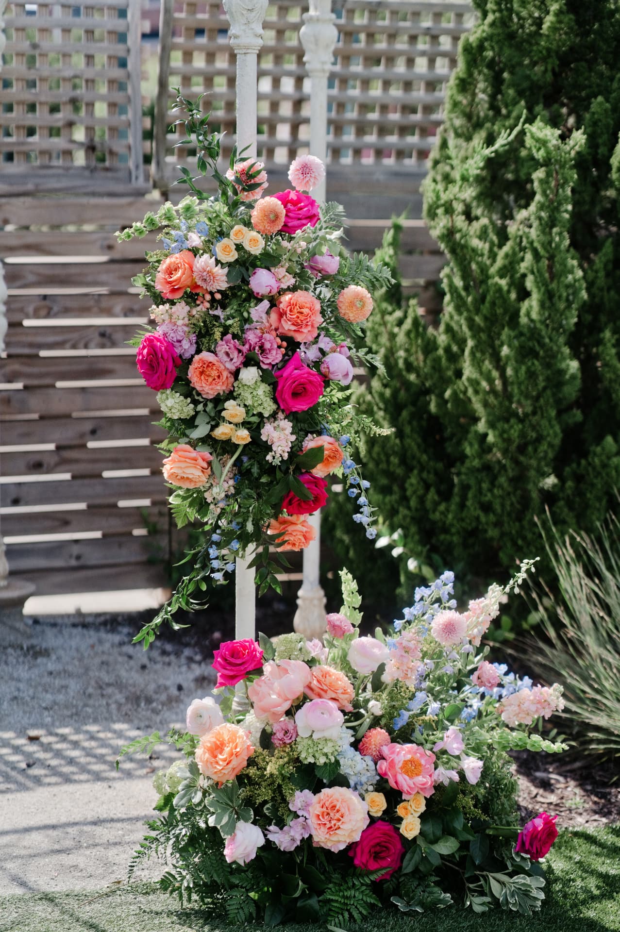 Ceremony floral installations in full bloom